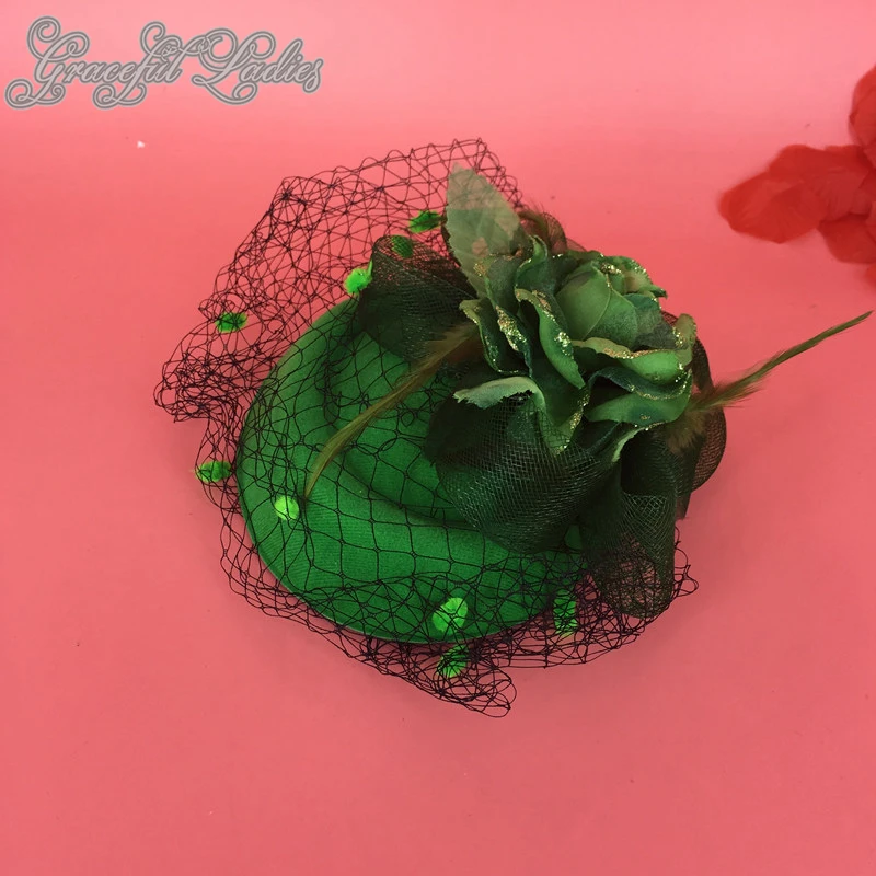 Green Flower Feather Bridal Hat With Veil Dot Black Mesh Birdcage Green Flower Feather Bridal Hat With Veil Dot Black Mesh Birdcage Wedding Hair Accessories Hats Uk Fascinator In Headwear From