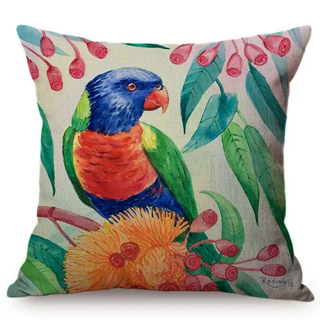 Parrot Nordic Watercolor Art Luxury Home Decorative Sofa Throw Pillow Case Colorful Charming Bird Cotton Linen Car Cushion Cover K103-2