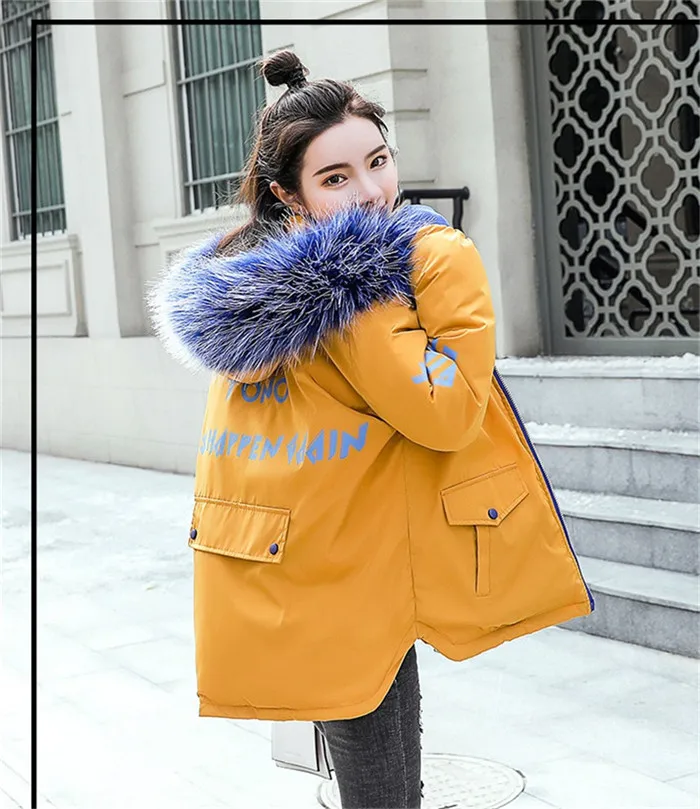 Зимние новые женские куртки пуховики с хлопковой подкладкой теплые большие размеры длинные пальто с капюшоном и меховым воротником Толстая куртка Верхняя одежда R970 - Цвет: yellow