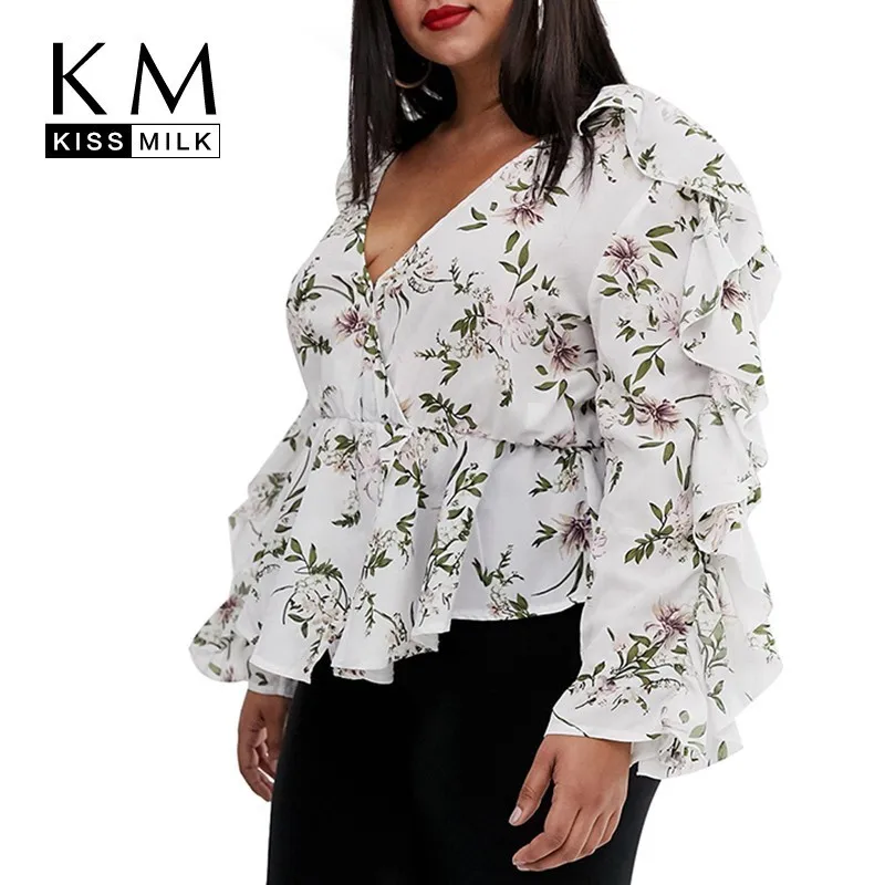 

Kissmilk 2019 Hot Summer 2019 New Fashion Plus Size Hot Sale Ladies Casual Fit Frill Sleeve White Floral Shirts