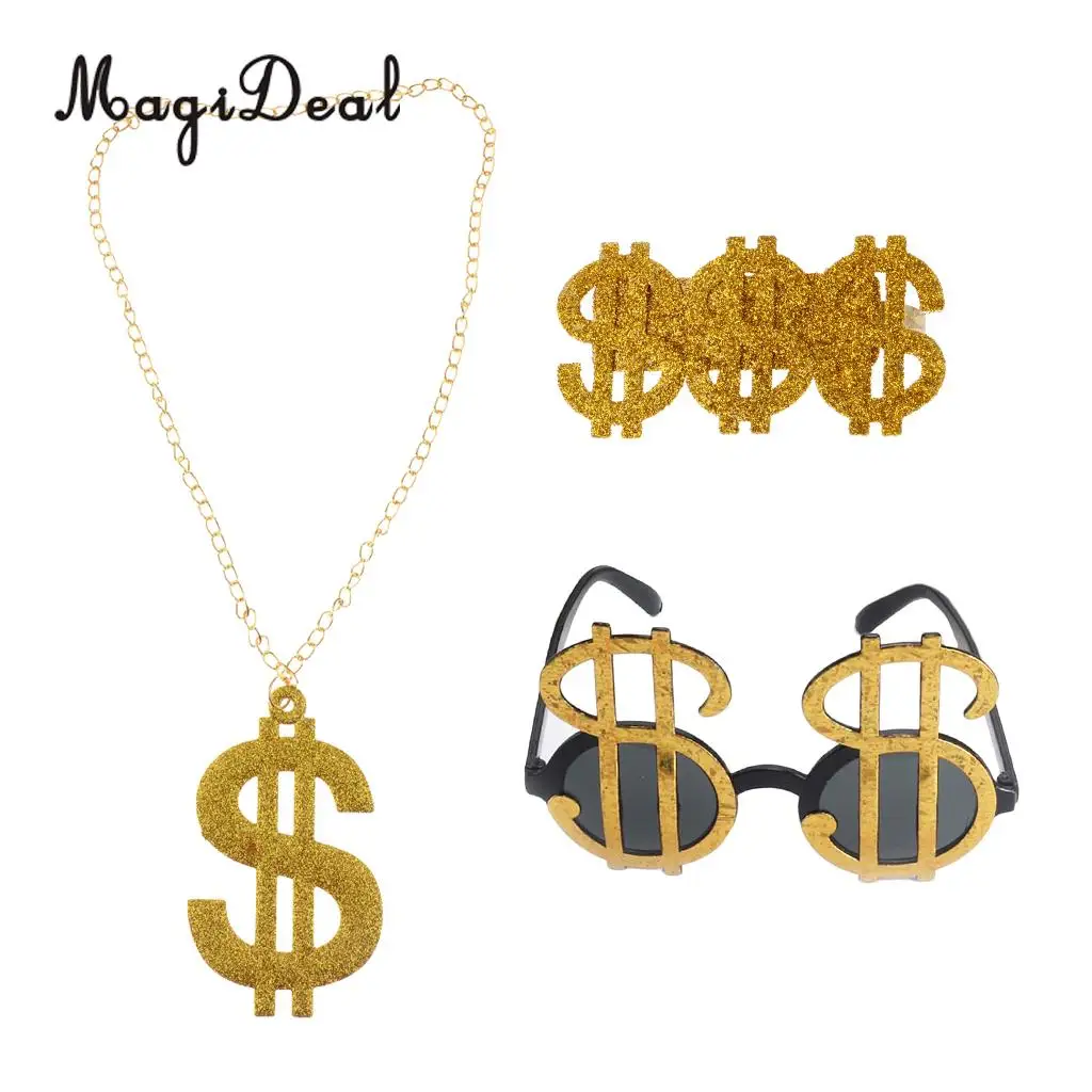 MagiDeal Set of 3pcs Glitter USD Dollar Signs Eye Glasses Ring Necklace 70s 80s Rapper Big Daddy Costume Dress up Jewelry Props