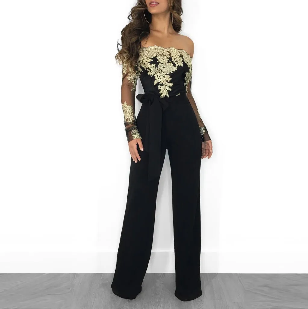 

Women Mesh Patchwork Embroidery Sexy Party Jumpsuit Long Sleeve Slash Neck Wide Leg Jumpsuit Sashes Elegant Long Bodysuit