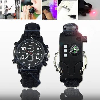 

Survival Watch Waterproof Emergency Gear Camping Paracord Bracelet Compass Whistle Thermometer Outdoor Sport Tool First Aid set