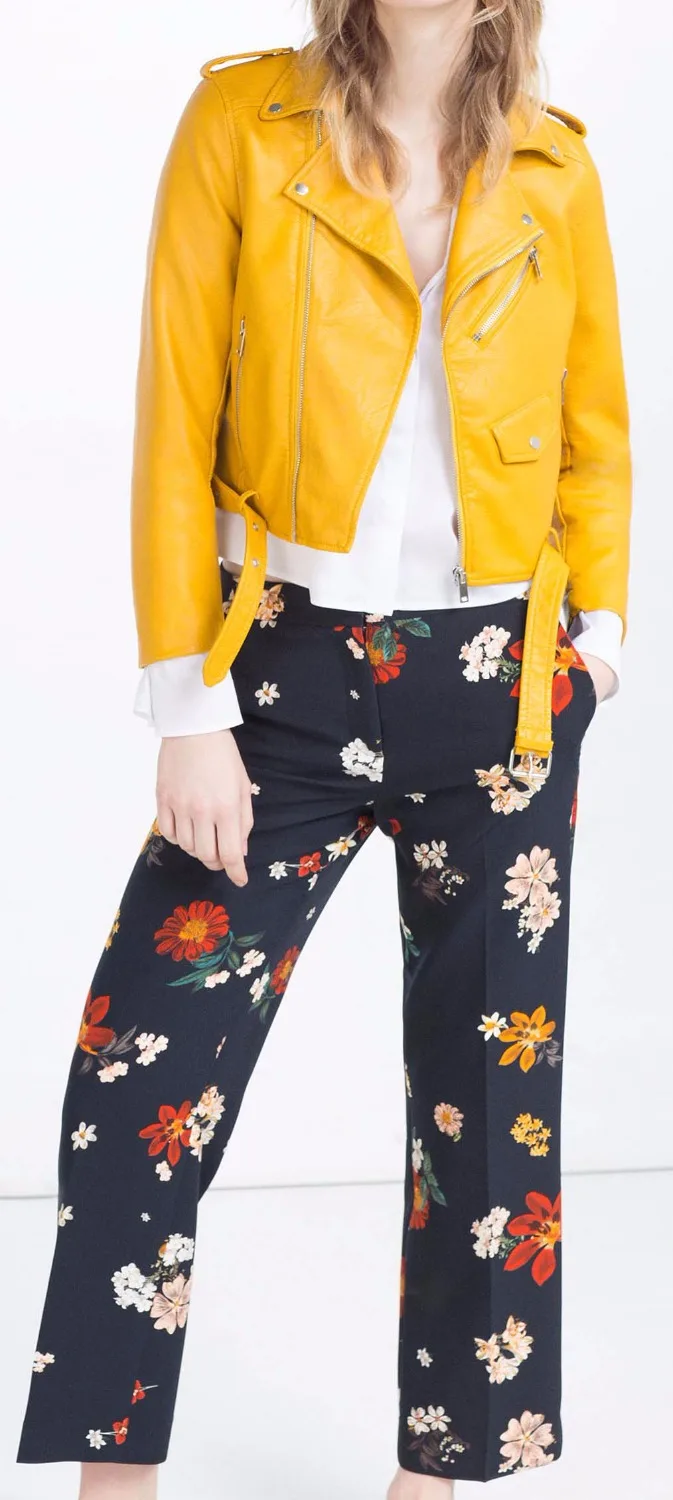 

Yidora NEW Autumn 2016 ZA Women Mustard Faux Leather Motorcycle Short Crop Biker jackets Hem belted Zips details Epaulets