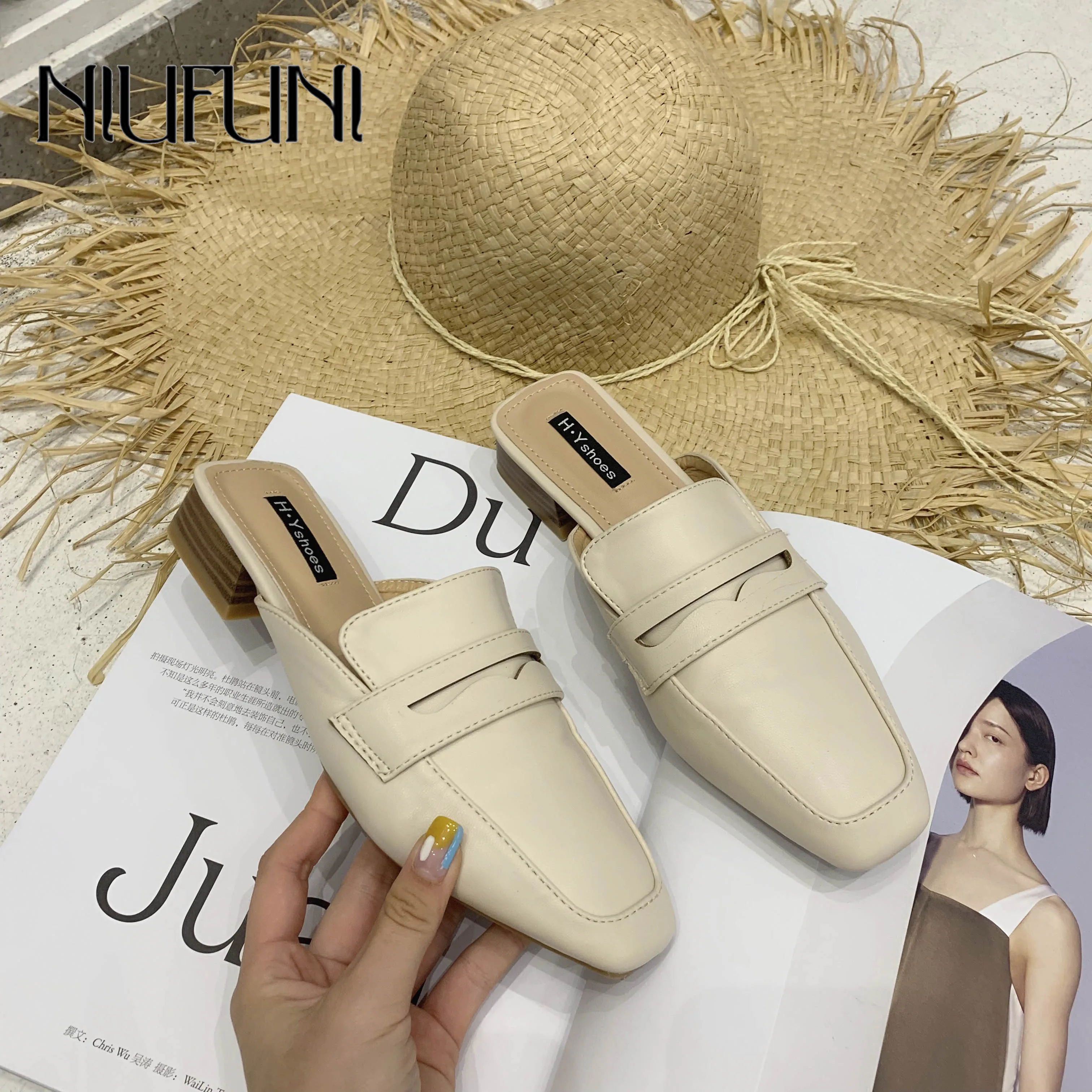 

NIUFUNI Summer Flats Mules Lady Sandals Slippers Slip On Pointed Toe Women Mules Solid Color Outdoor Slipper Shoes Woman Slides