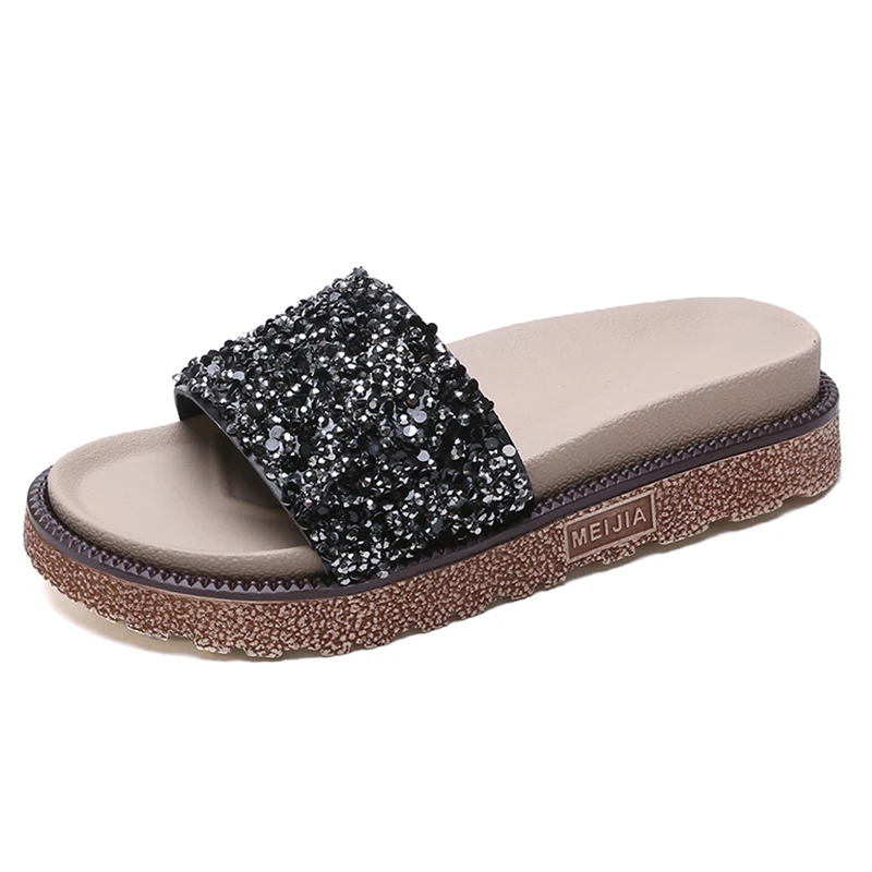 

Summer Shoes Women Slippers Women Flat Slides Beach Sandals Diamante Sparkly Colorful Diamond Crystal Golden Platform Slippers