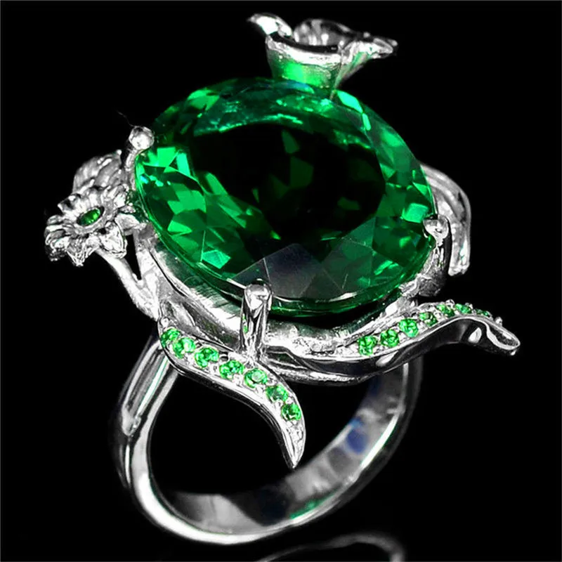

Female Big Green Turtle Ring Retro 925 Silver Crystal Zircon Stone Rings For Women Animal Wedding Jewelry Gift