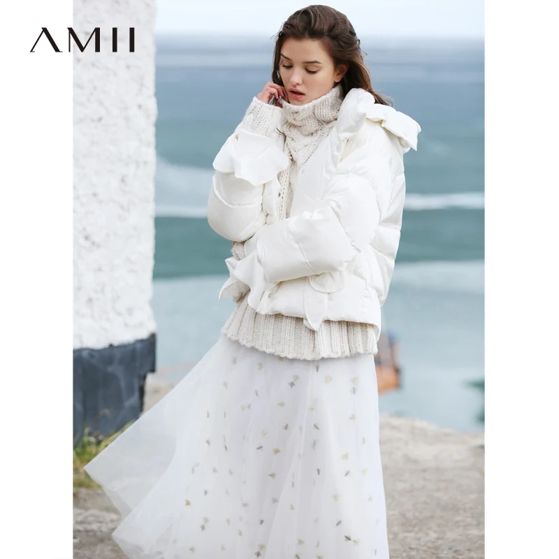Amii минималистичное Женское зимнее пуховое пальто зима Повседневный однотонный белый пэтчворк Толстый Короткий пуховик с капюшоном