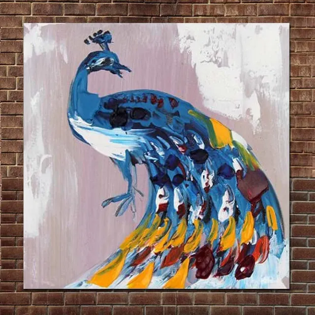 Hand Painted Cartoon Painting Abstract Blue Peacock Oil Paintings on