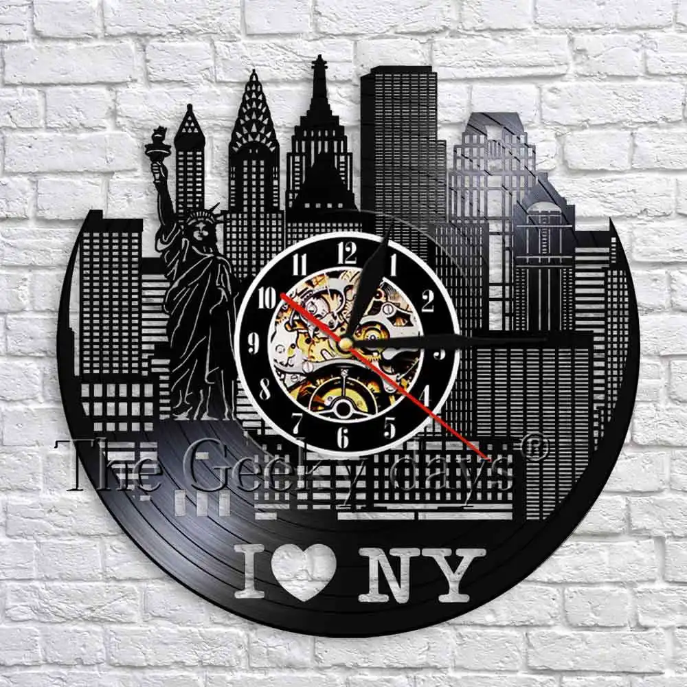 I Love NY Cityscape Wall Clock Modern Design New York Skyline Vinyl