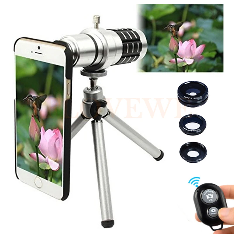 

Camera Phone Lentes Kit 12x Zoom Telescope Telephoto Lens+Tripod+Macro Wide Angle Fisheye Lenses For iPhone 4 5 5C 5S SE 6 6S 7