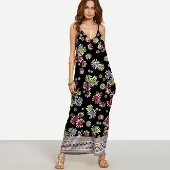

Vestido Long Flower Dress Retro Bohemian Maxi Dress Sexy Ethnic Deep V-neck Floral Print Beach Dresses Boho Hippie Robe