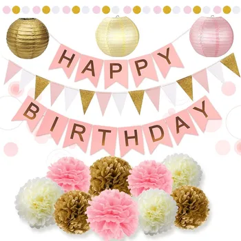 

29PCs of Pink Gold and Cream Birthday Party Decorations Set Pom Pom Lanterns Garland Banner First 1st Birthday Party Supplies