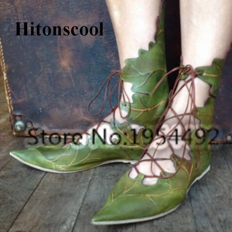 

Leaves Pattern Bandage Leather Pointed Toe Lady Flats Sandals Shoes Lace Up Ankle Wrap Cross Leg Gladiator Woman Casual Shoes