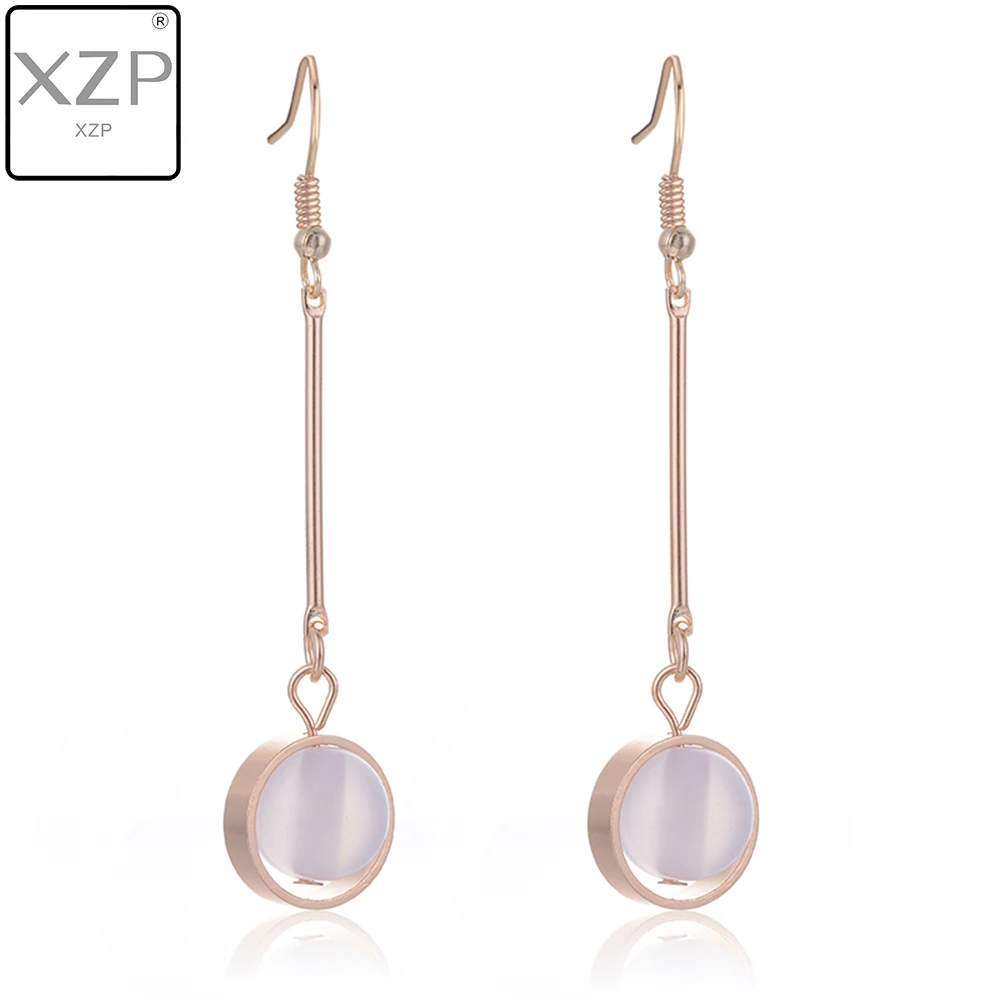 

XZP Round Stone Beads Charm 2 Colors Long Opal Pendant Ear Hook Small Circle Dangle Drop Earrings Women Accessory