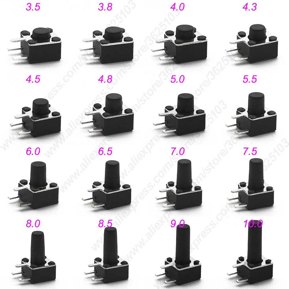 

50PCS/LOT Side 3PIN DIP 4.5X4.5X3.5/3.8/4.0/4.3/4.5/4.8/5/5.5/6/6.5/7/8/10MM Tactile Push Button Switch Momentary Tact Switch