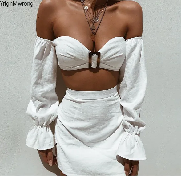 

Two Piece Sexy Buckle Bustier Off Shoulder Long Sleeve Crop Top Women Sexy Short High Waist Pencil Skirt White Red Spring Autumn
