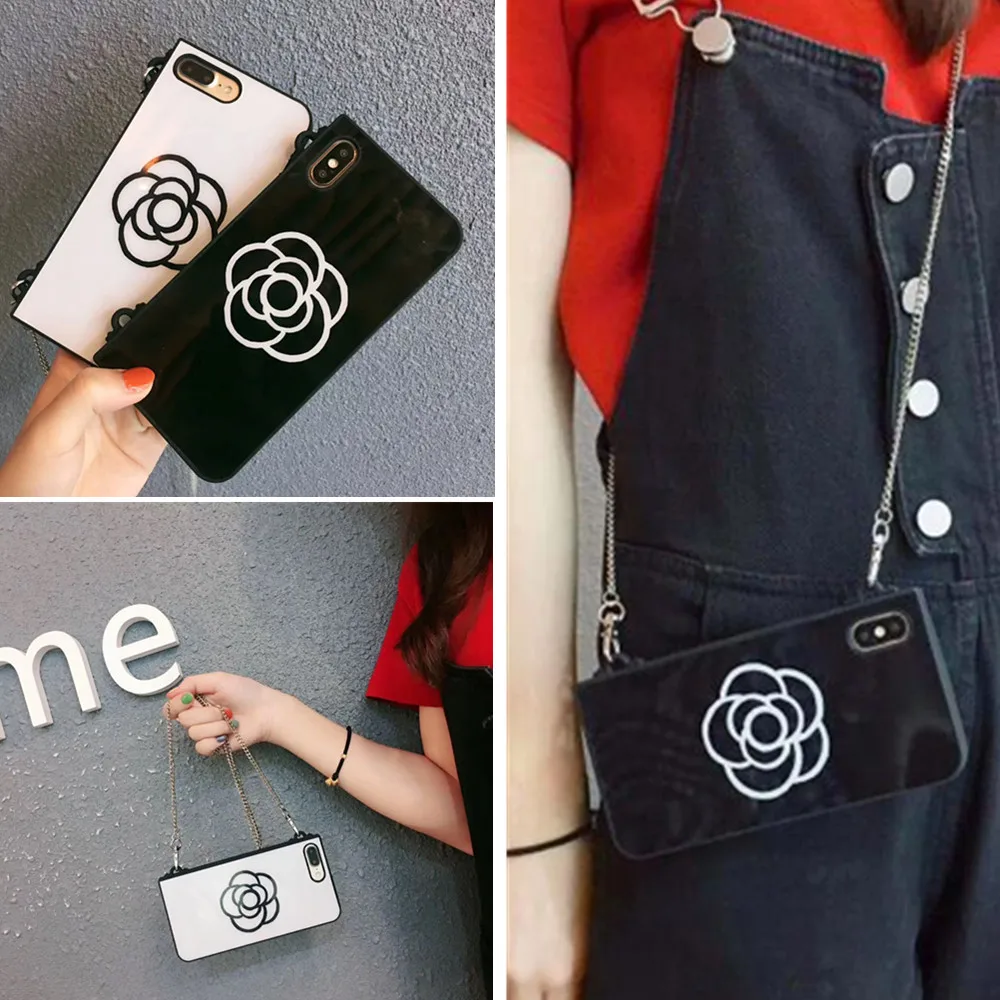 

3d Camellia shoulder chain strap silicone case for iphone 7 8 6s 6 plus XS MAX XR X case cover luxury anti-knock soft protective