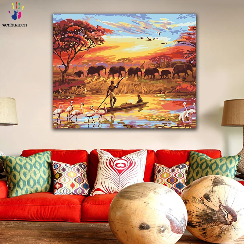 

DIY colorings pictures by numbers with colors Ethnic style forest elephant picture drawing painting by numbers framed Home