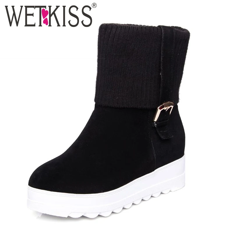 

Big Size 34-43 Cozy Thick Sole Skid Proof Short Boots Wool Knit Buckle Charm Platform Boots With Fur Wedges Winter Shoes Woman