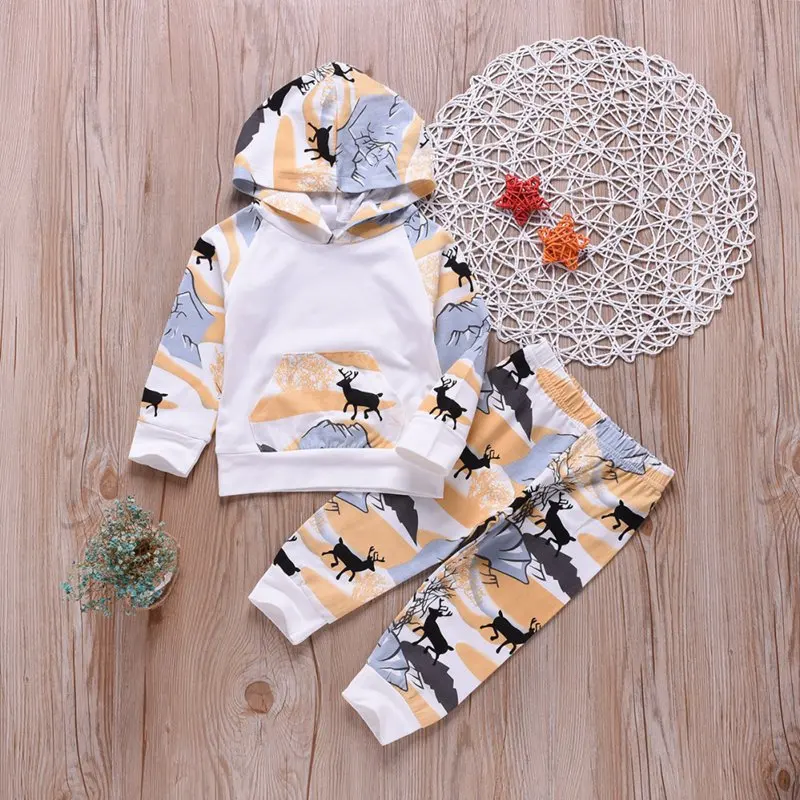 Baby Boys And Girls Clothes Fawn Cartoon Printing Long Sleeve Hoodies And Pants Kit Kid Two-piece Outfit Spring Autumn Set Baby Boys And Girls Clothes Fawn Cartoon Printing Long Sleeve Hoodies And Pants Kit Kid Two-piece Outfit Spring Autumn Set
