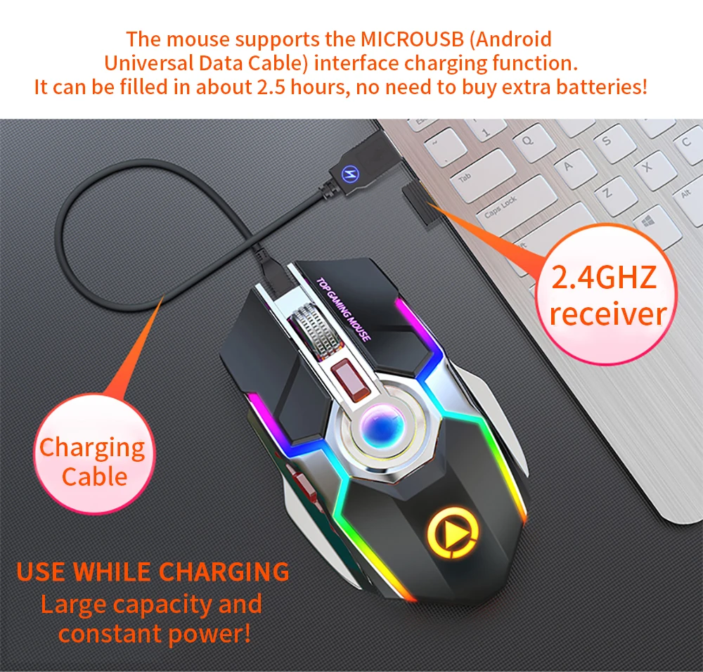 Беспроводная игровая мышь перезаряжаемая игровая мышь Бесшумная эргономичная 7 клавиш RGB с подсветкой 1600 dpi мышь для ноутбука Pro Gamer