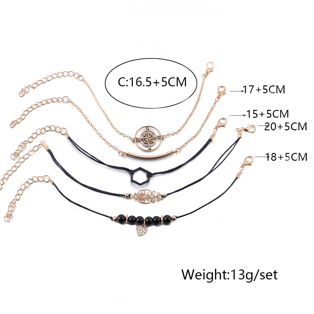 5 шт./компл. в богемном стиле компас Цветочное сердце браслет наборы ювелирных украшений для Для женщин ткань на веревочной цепочке в виде геометрических фигур Браслеты Mujer камень ювелирные изделия