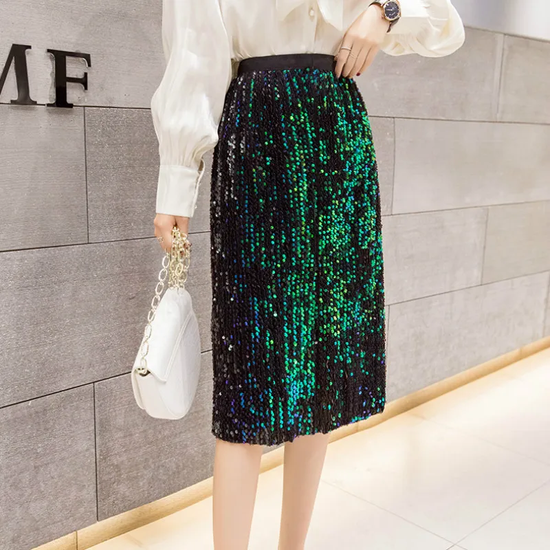 

2019 Sexy Knee Length Bling Bling Sequined Skrits Women Sexy Sequins Work Shiny Skirts Lady Strechy Waist velvet Shiny Skirts
