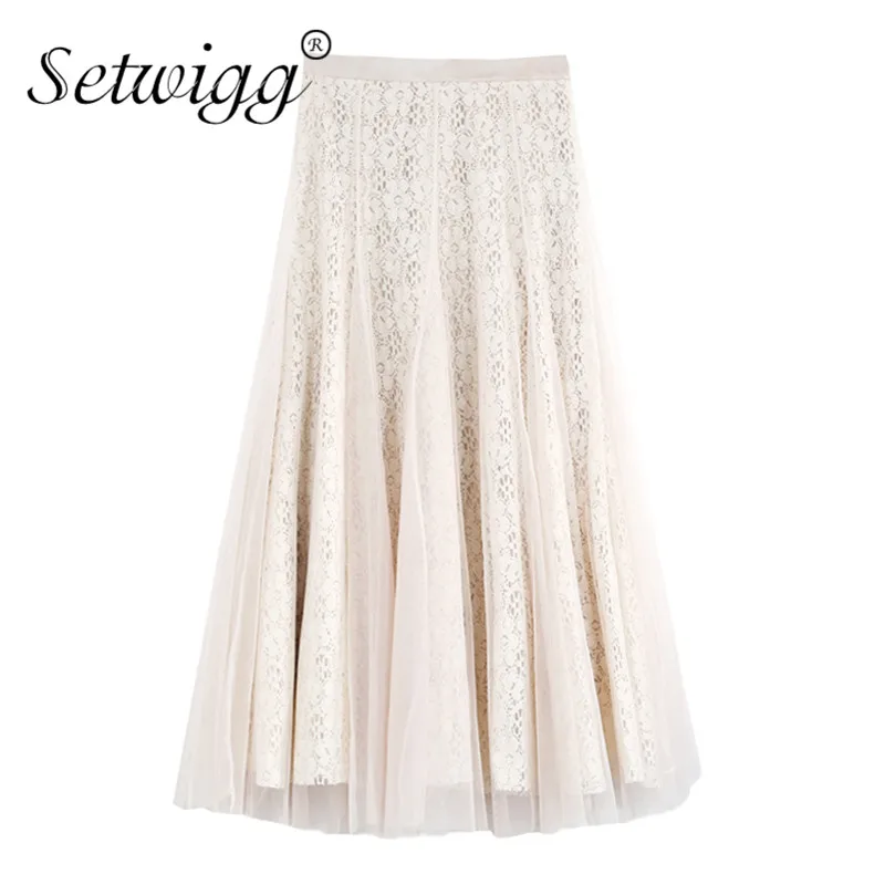 

Spring Elegant Crochet Lace Tulle A-line Long Skirts Elastic Waist Zipper Pathchwork Calf Pleated Long Flounced Mesh Skirt