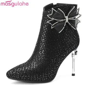 

Masgulahe black fashion autumnn winter boots pointed toe zip suede leather boots thin high heels ladies prom ankle boots
