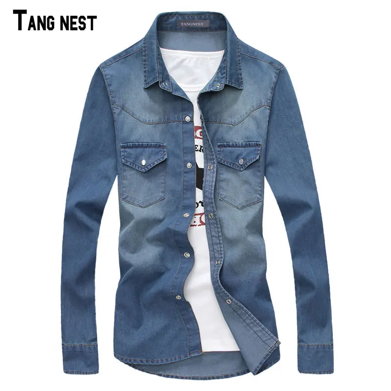 TANGNEST Men Denim Shirts Spring Style Male Solid Slim Fit Denim Shirt