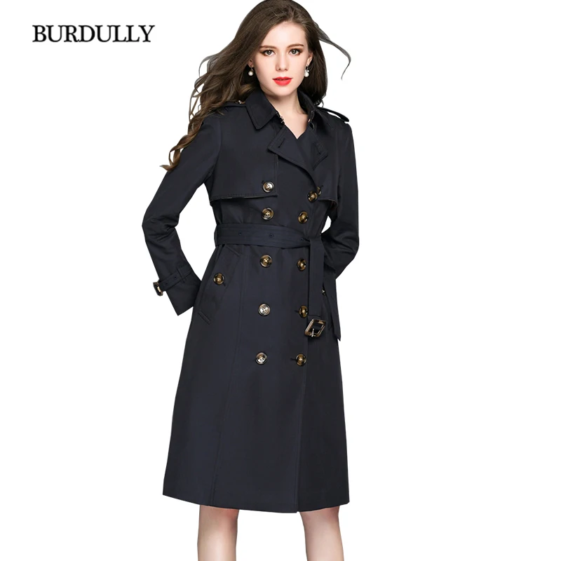 BURDULLY 2018 Vintage Casual Loose Long Breathable Cotton Trench Turn-down Collar Double Breasted Coat Women X-Long Slim Solid 
