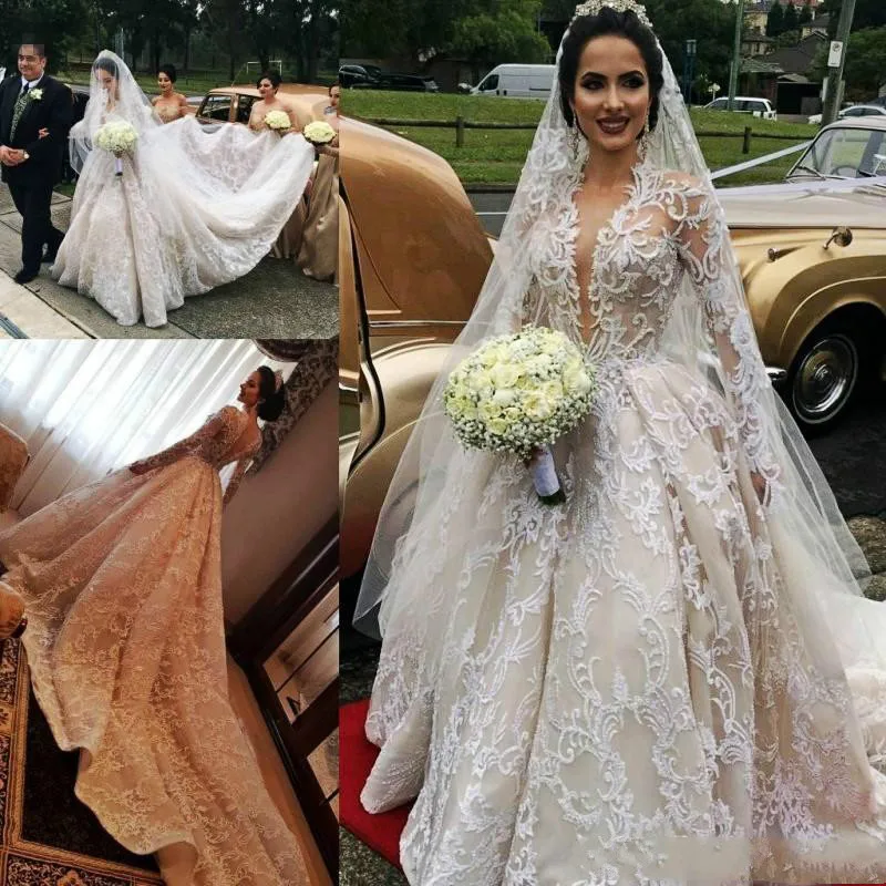 

BONJEAN Luxury A Line Deep V Neck Wedding Dresses 2019 Long Sleeves V Back Bridal Gowns Royal Cathedral Train Vestidos De Novia