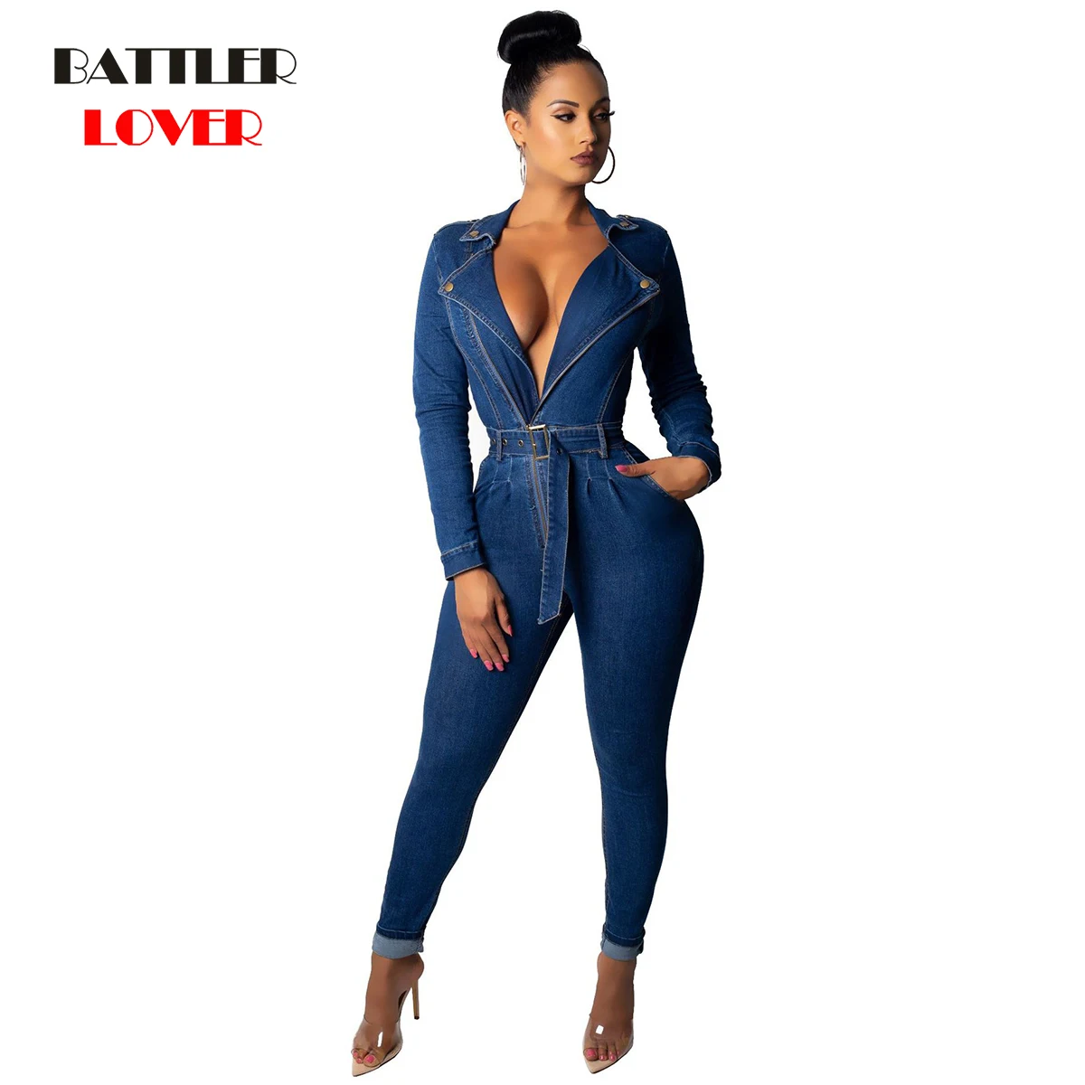 2019 Women Denim Jumpsuit Lady Long Sleeve Front Zipper Jeans Bodysuit Women Casual Plus size Denim Overall Jumpsuit With Sashes