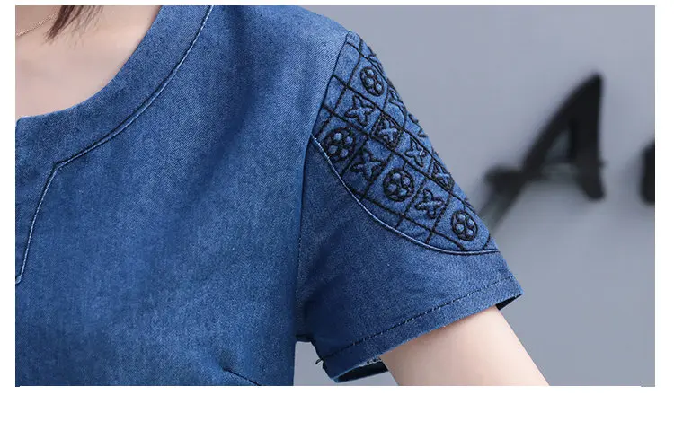 New Fashion Embroidery Dresses Women 2018 Summer Blue Denim Dress Women Casual Short Sleeve Large Size Dress Vestidos Mujer S-5XL (9)