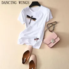 Повседневная женская футболка, весна-лето, ручная работа, вышивка бисером, рисунок стрекозы, хлопковая футболка, черный, белый цвет, женские топы