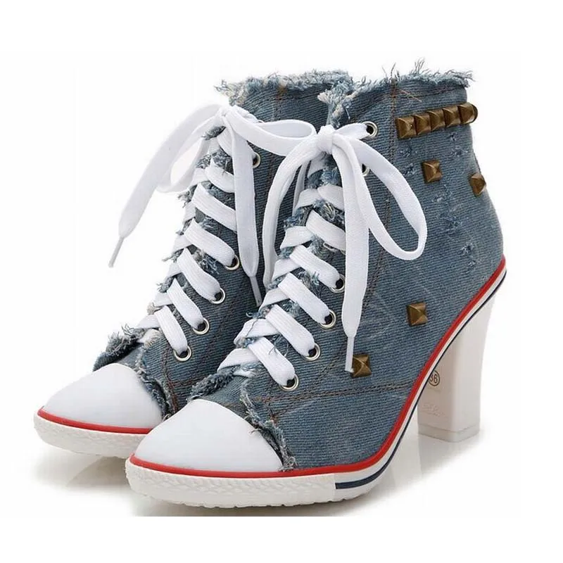 Womens Rivet Canvas Lace Up High Heel Fashion Sneakers Ankle Boots
