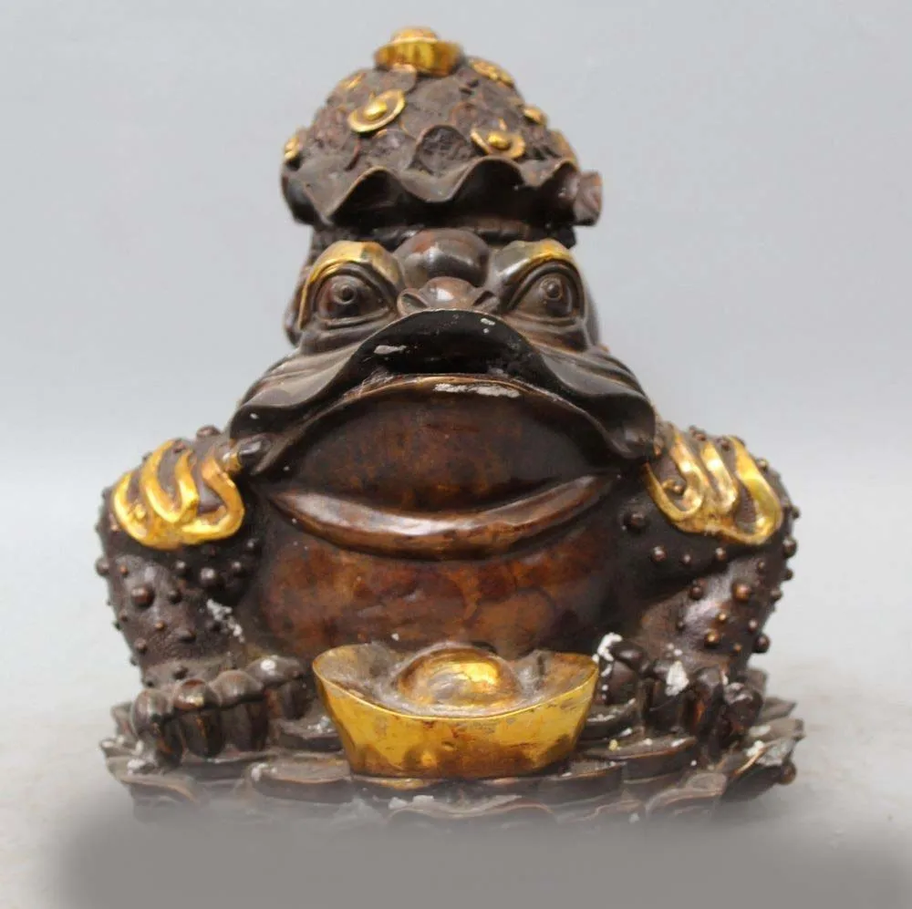 

12"Chinese Bronze Gilt Wealth Yuanbao Money Bag Ru Yi Spittor Toad Animal Statue
