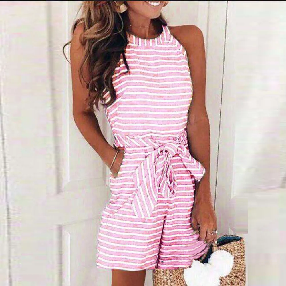 

Polyester jumpsuits Women Round Neck Striped Clubwear Playsuit Bodycon Party Casual Daily O-Neck Sashes Jumpsuit Trousers