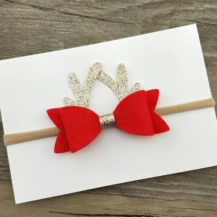 

5 pcs/lot , Christmas Reindeer Bow Nylon Headband, Gold and Red Felt Bow headbands, Christmas Holiday Gift