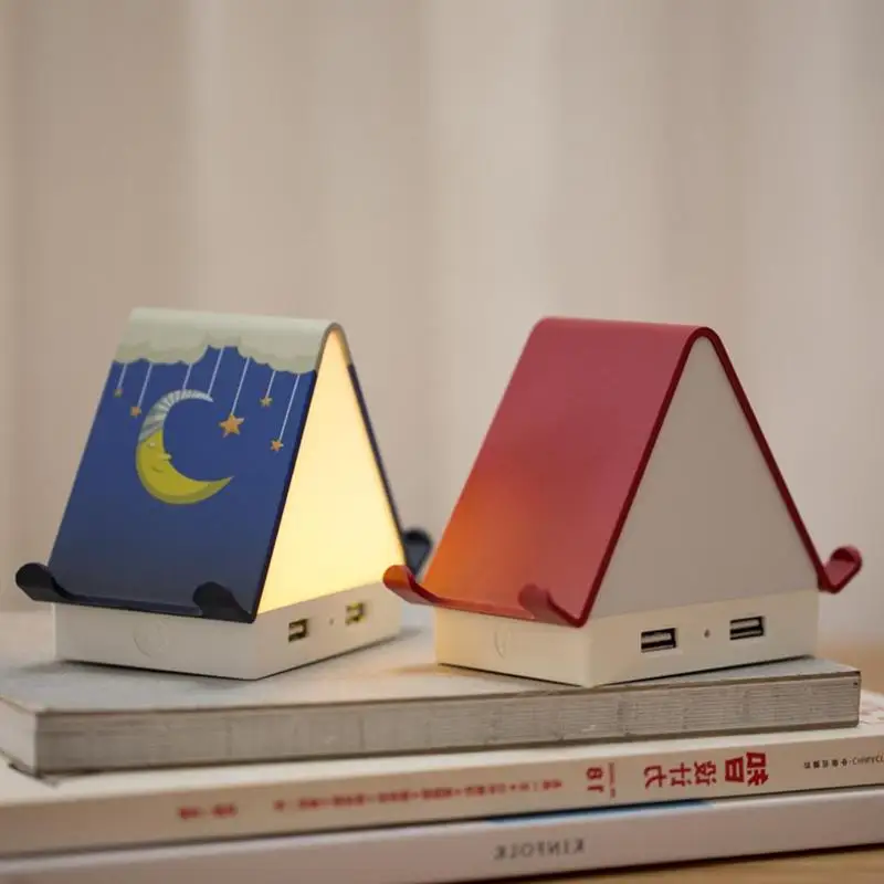 

1Pc Multifunctional Cute Red/Blue House Shape Design Night Light Creative USB Charging Table Night Lamp With Phone Stand