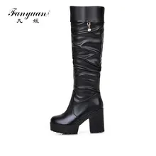 Fanyuan/ г. зимняя обувь теплые короткие плюшевые ботильоны женские сапоги до колена квадратный Обувь на высоком каблуке черного цвета на платформе мотоциклетные ботинки