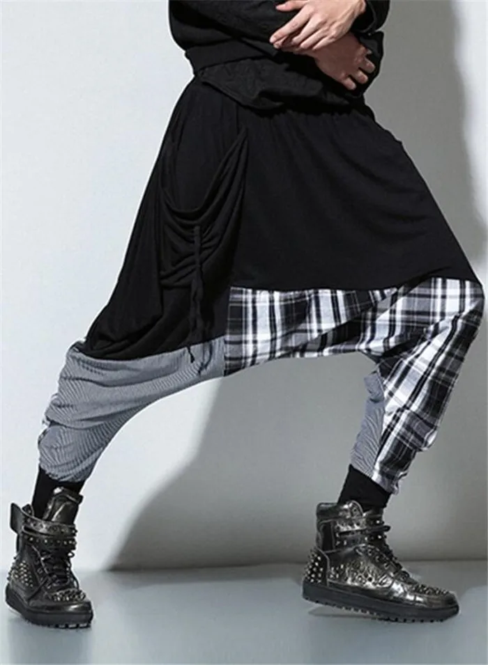 Мужские клетчатые Лоскутные штаны в стиле панк, хип-хоп, шаровары для ночного клуба, DJ, сценический костюм, мужские мешковатые брюки для бега для уличных танцев