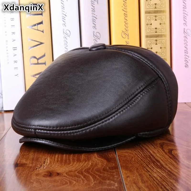 

XdanqinX New Winter Women's Hat Warm Genuine Leather Hats Fur Thick Sheepskin Leather Men's Berets Earmuffs Cap Couple Ski Caps