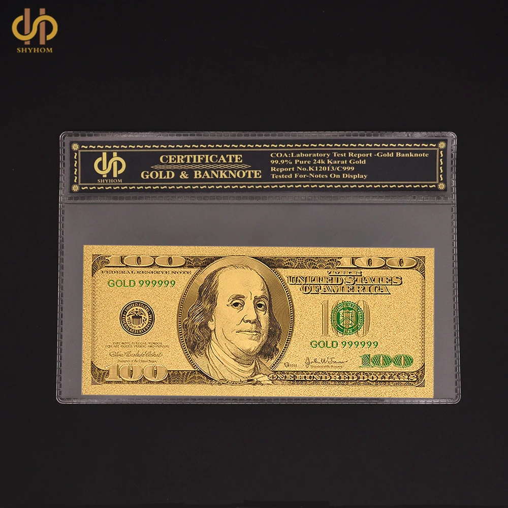 24 К Цвет золото банкноты доллара $100 UNC Бумага Money Collection с COA держатель