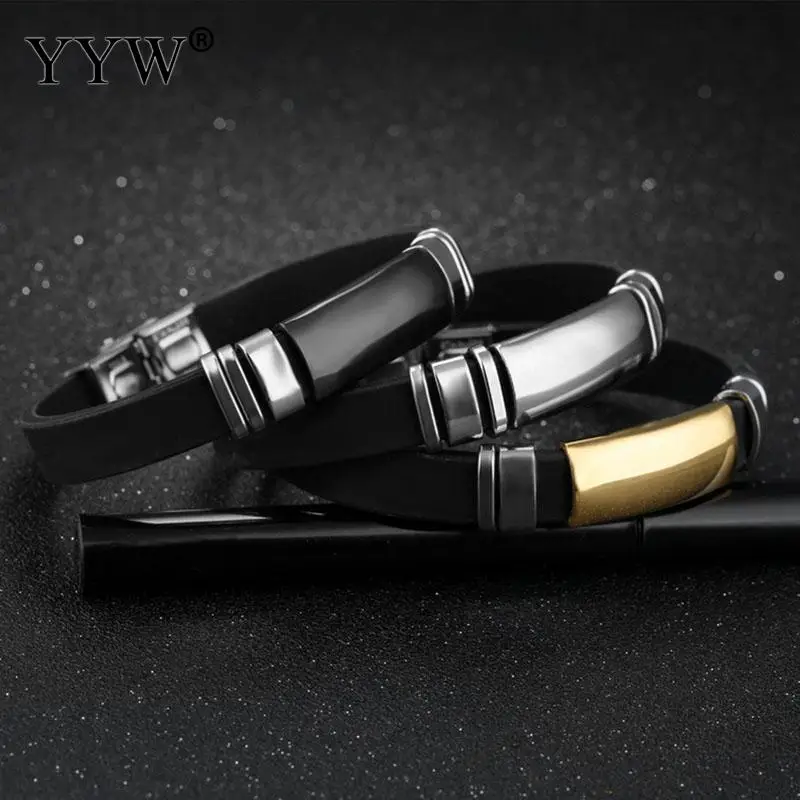 

Fashion Jewelry Wristband Black Punk Rubber Silicone Stainless Steel Men Bracelets Bangles For Man Gift pulseras hombre caucho