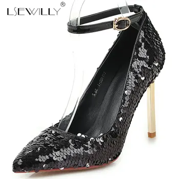 

Lsewilly 2019 Spring Ankle Strap Bride Wedding Shoes Sexy Thin High Heels Pumps Gold Silver Glitter Bling Pointed Toe Stilettos