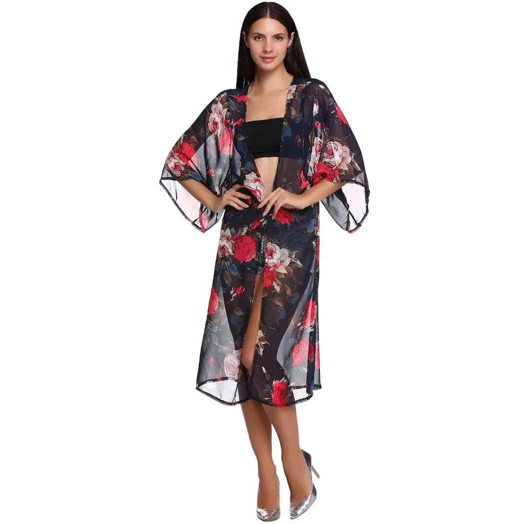 

2016 Stylish Ladies Women Elegant 3/4 Wide Sleeve Ultralong Fashion Chiffon Floral Cardigan
