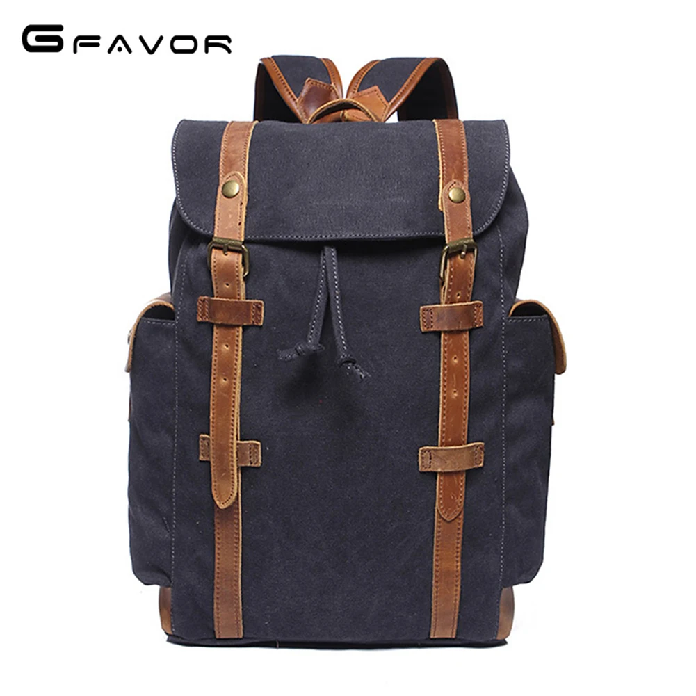 

G-FAVOR Large Capacity Laptop Backpack Men Computer Canvas&Crazy Horse Leather Belt Retro School Shoulder Bag Brand Travel Bags