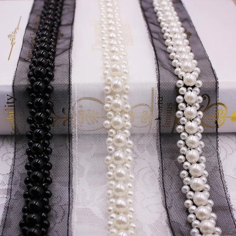11 Yards Pearl Beaded Trim White Black Pearl Mesh Lace Trimming For